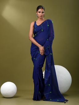 CHARUKRITI - Women Blue Pure Cotton Solid Saree with Unstitched Blouse