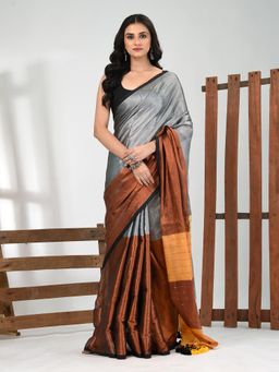 CHARUKRITI - Women Grey Tissue Colorblock Saree with Unstitched Blouse