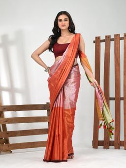 CHARUKRITI - Women Pink Tissue Colorblock Saree with Unstitched Blouse