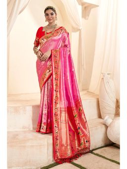 Mysilklove - Women Pink Paithani Woven Saree with Unstitched Blouse