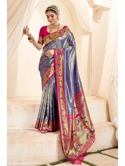 Mysilklove - Women Blue Paithani Woven Saree with Unstitched Blouse