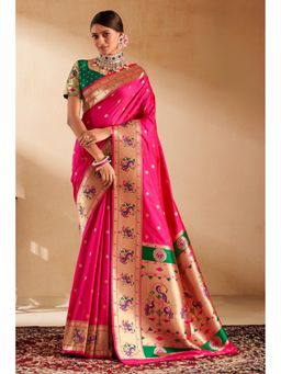 Mysilklove - Women Pink Paithani Floral Saree with Unstitched Blouse