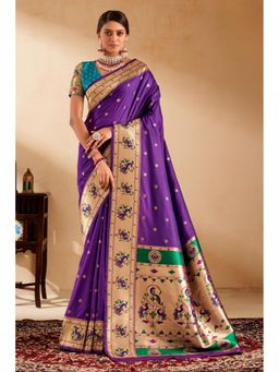Mysilklove - Women Purple Paithani Floral Saree with Unstitched Blouse