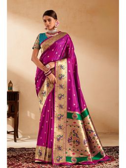 Mysilklove - Women Purple Paithani Floral Saree with Unstitched Blouse
