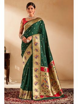 Mysilklove - Women Green Paithani Floral Saree with Unstitched Blouse