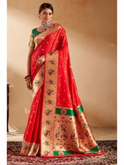 Mysilklove - Women Red Paithani Floral Saree with Unstitched Blouse