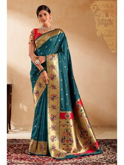 Mysilklove - Women Blue Paithani Floral Saree with Unstitched Blouse