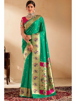 Mysilklove - Women Green Paithani Floral Saree with Unstitched Blouse