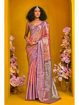 Mysilklove - Women Pink Kanjeevaram Floral Saree with Unstitched Blouse