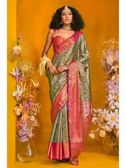 Mysilklove - Women Green Kanjeevaram Paisley Saree with Unstitched Blouse
