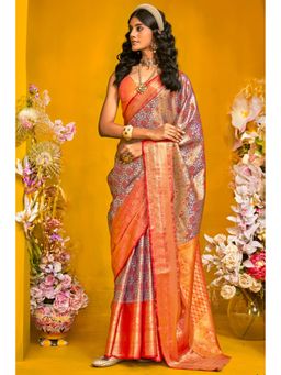 Mysilklove - Women Rust Kanjeevaram Floral Saree with Unstitched Blouse