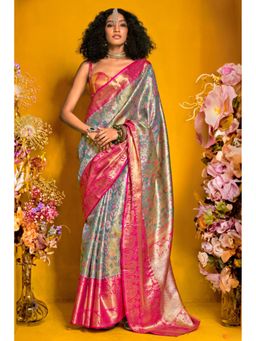 Mysilklove - Women Blue Kanjeevaram Floral Saree with Unstitched Blouse
