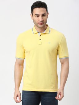 Dragon Hill - Half Sleeves Lemon Yellow Cotton Pique Lycra Polo T-Shirt with Tipping Collar