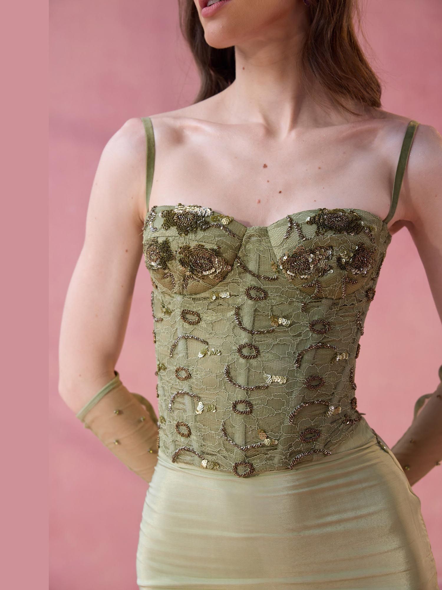 Green Aperol Hour Embellished Stitched Corset