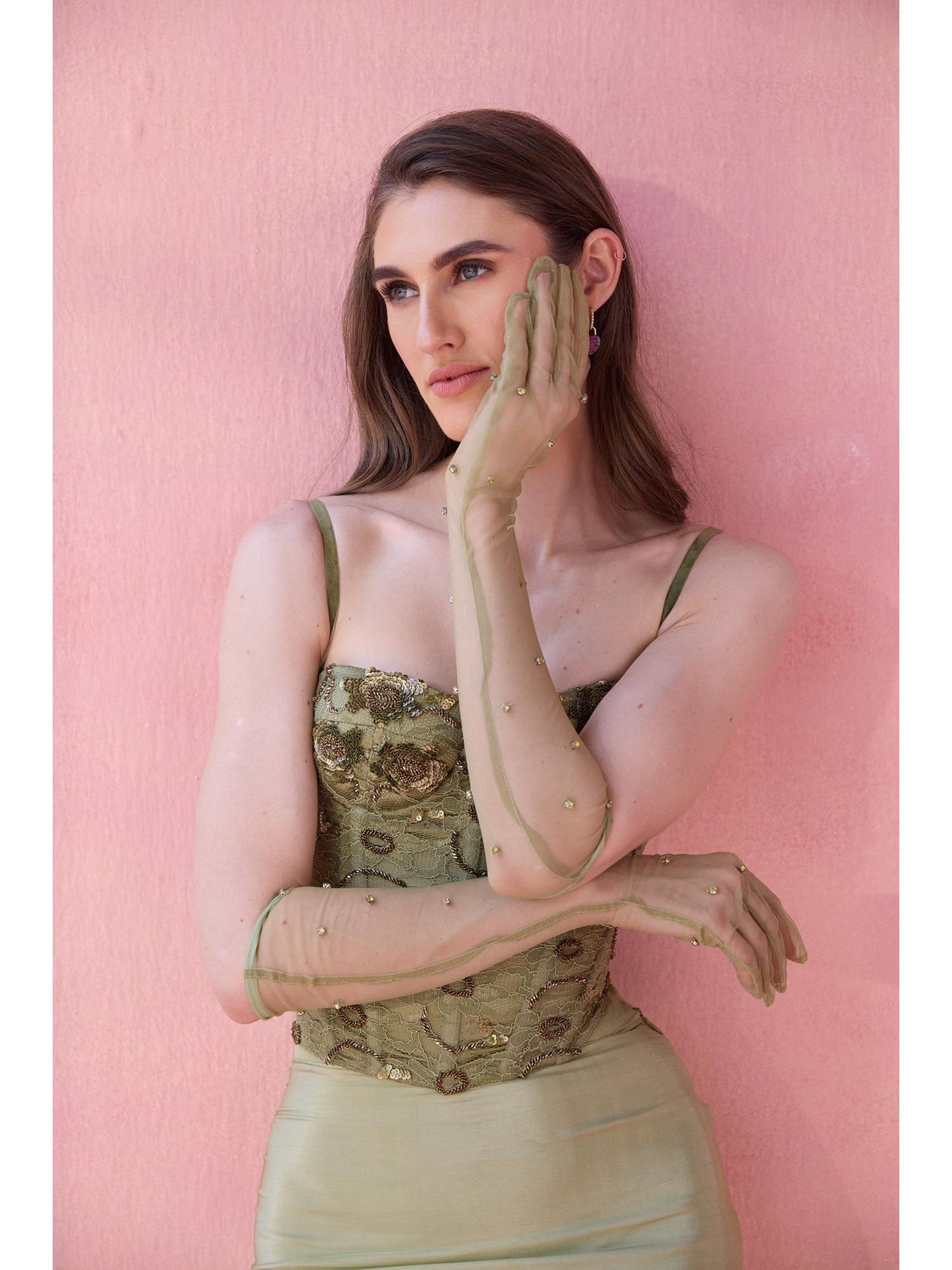 Green Aperol Hour Embellished Stitched Corset
