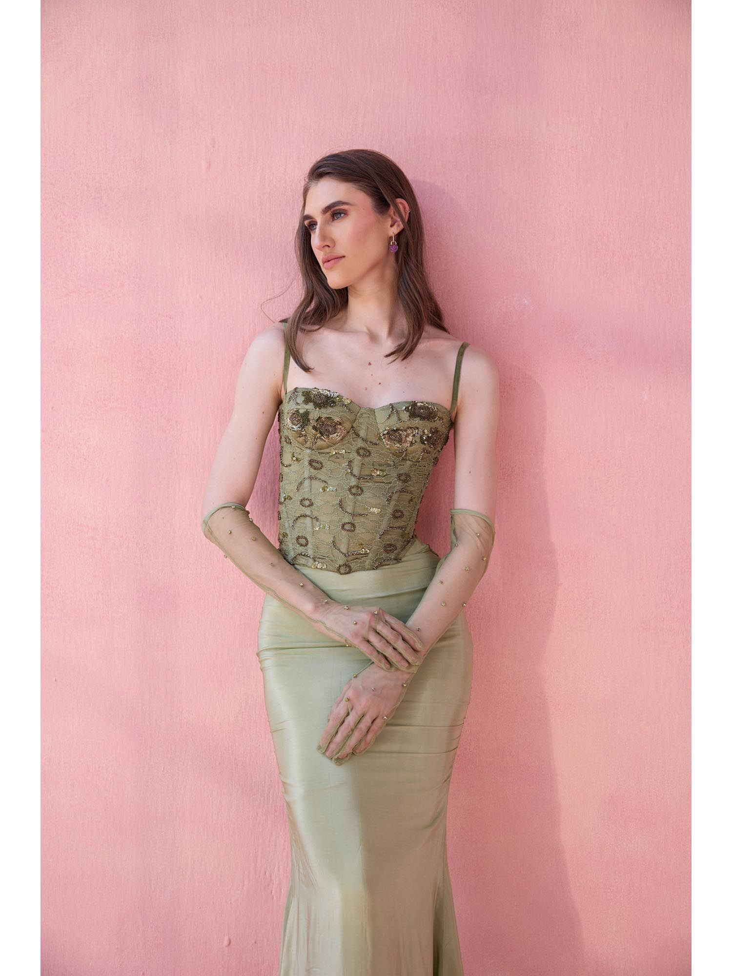 Green Aperol Hour Embellished Stitched Corset