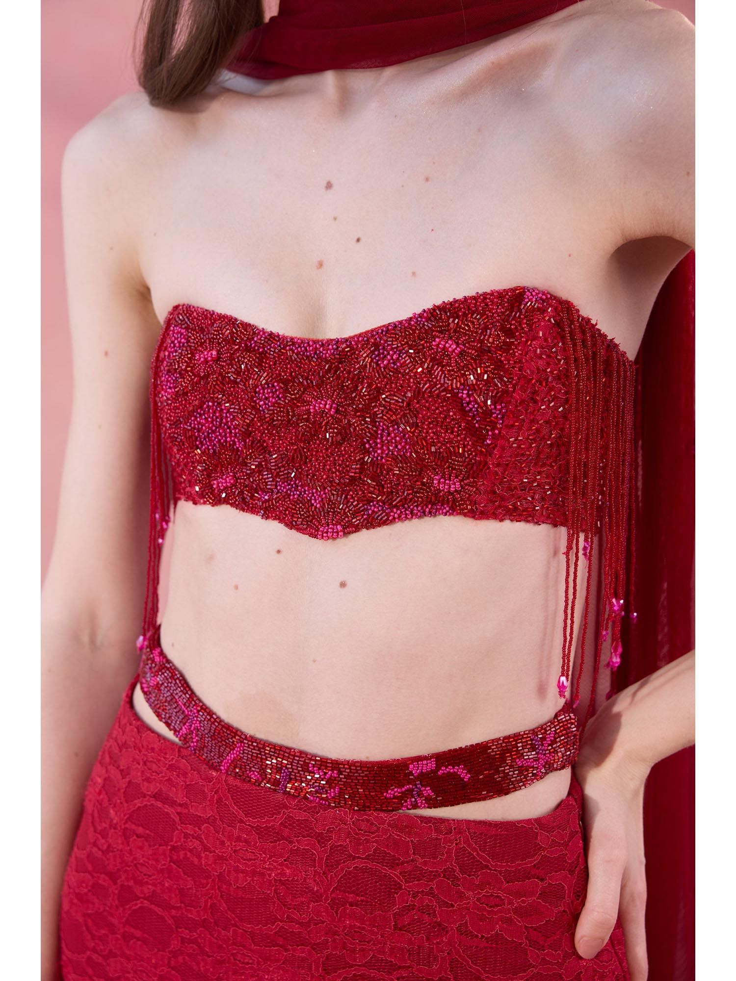 Red Artsy Daisy Beads And Stones Bandeau Bralette