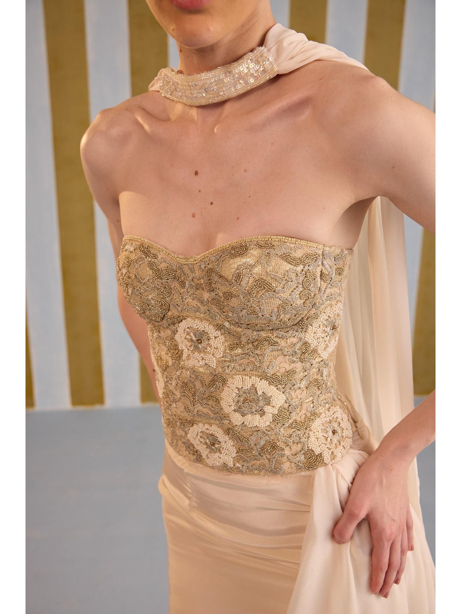 Beige Whimsy Embellished Stitched Corset