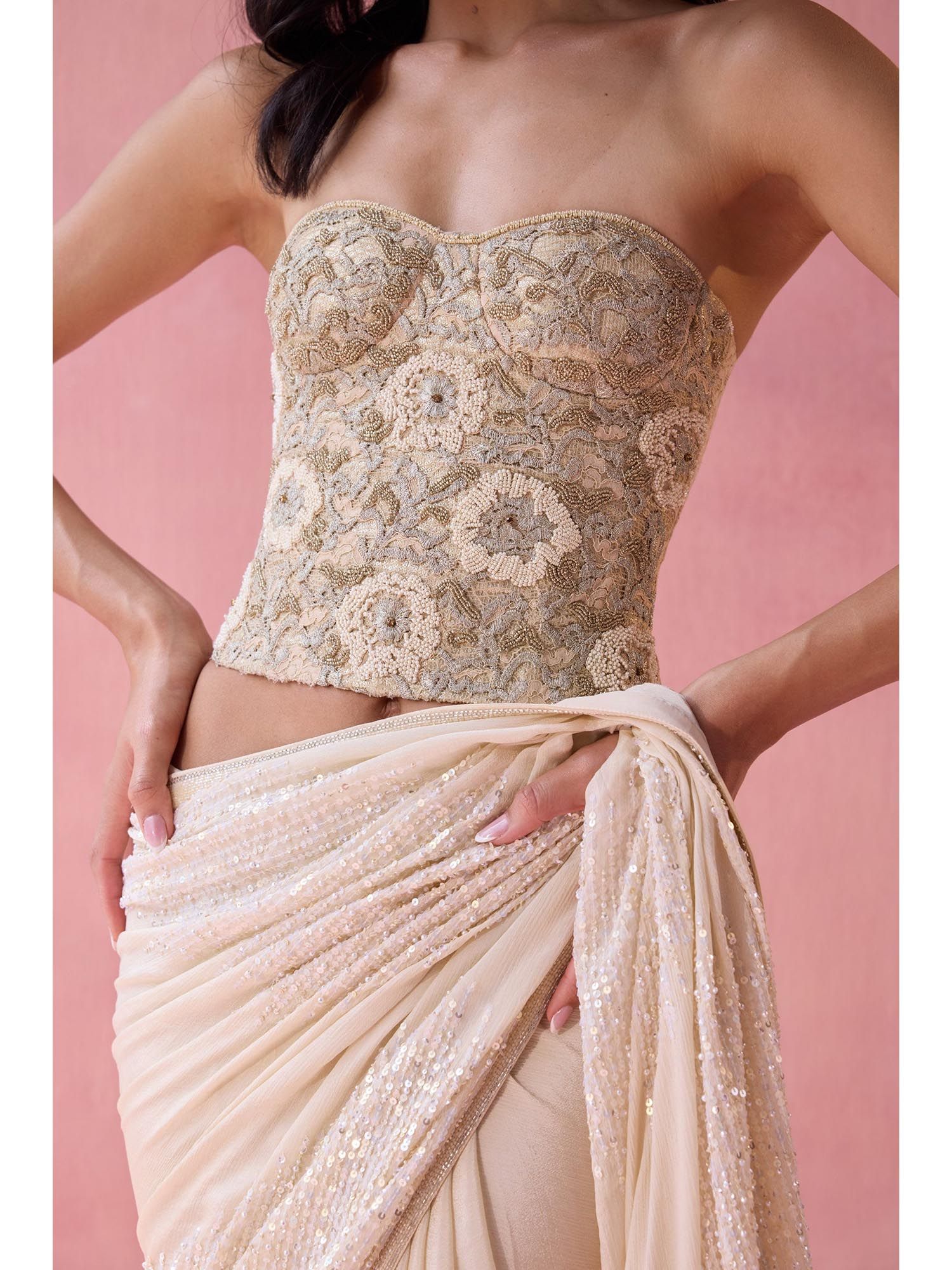 Beige Whimsy Embellished Stitched Corset