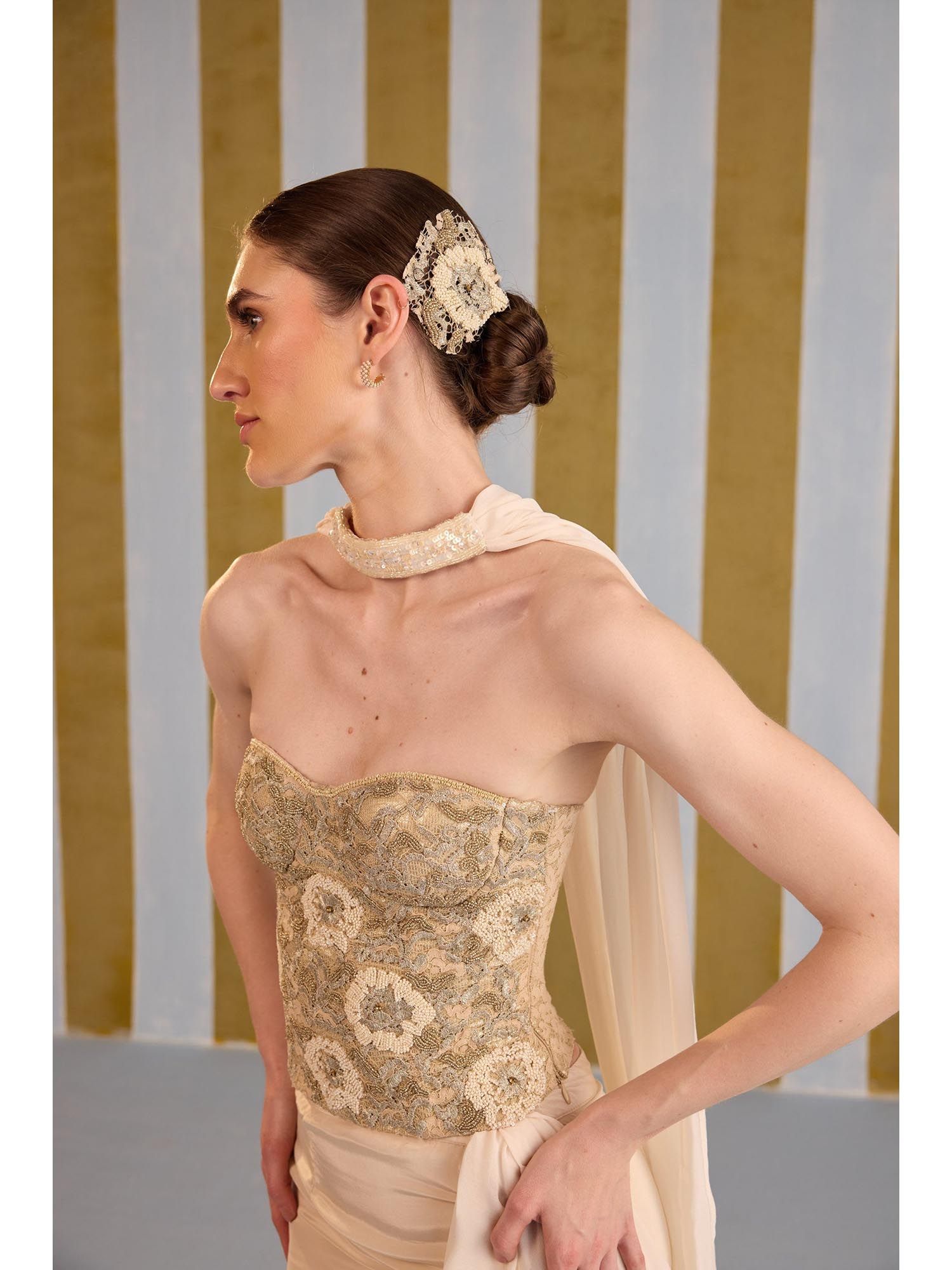 Beige Whimsy Embellished Stitched Corset