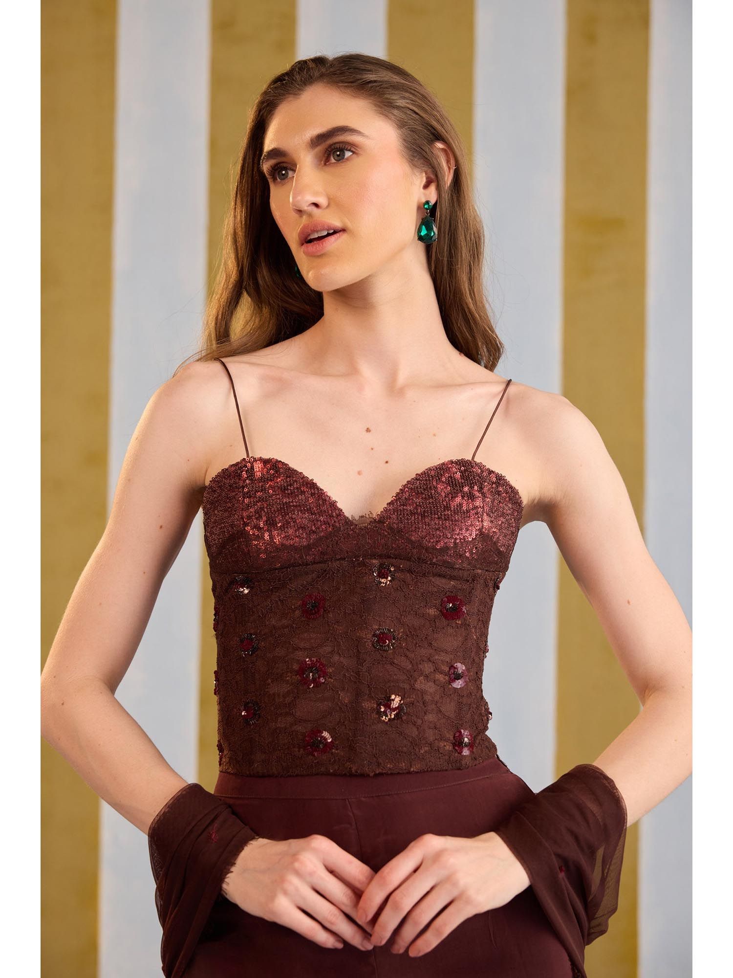 Brown Mocha Cherry Embellished Stitched Corset