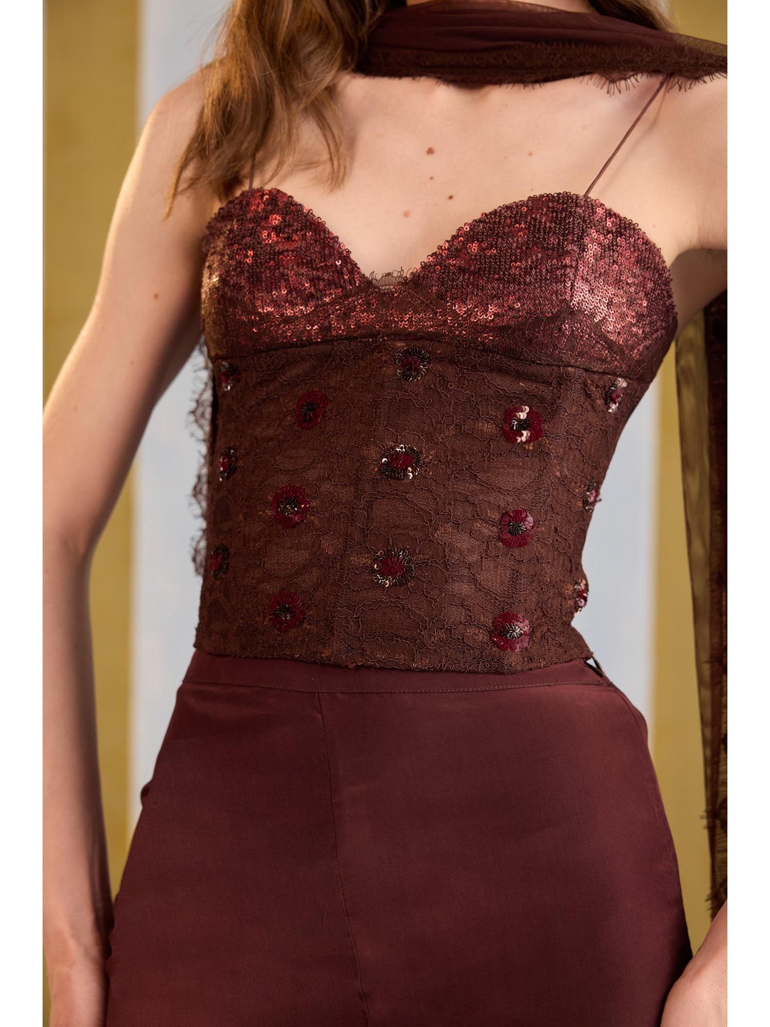 Brown Mocha Cherry Embellished Stitched Corset