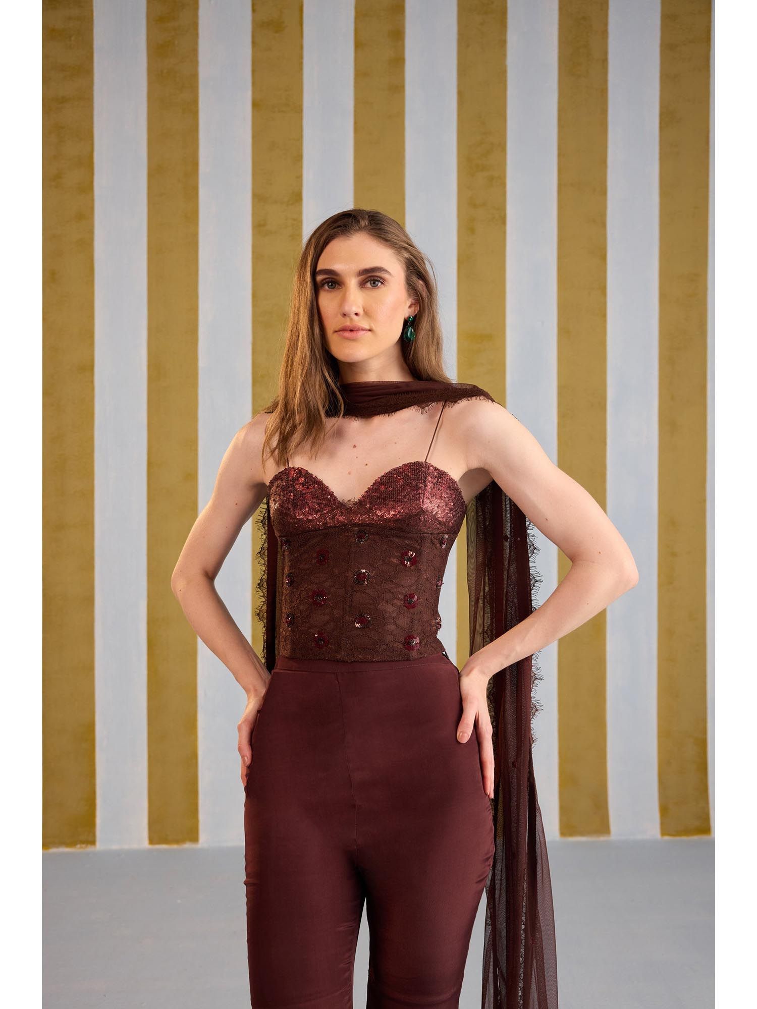 Brown Mocha Cherry Embellished Stitched Corset