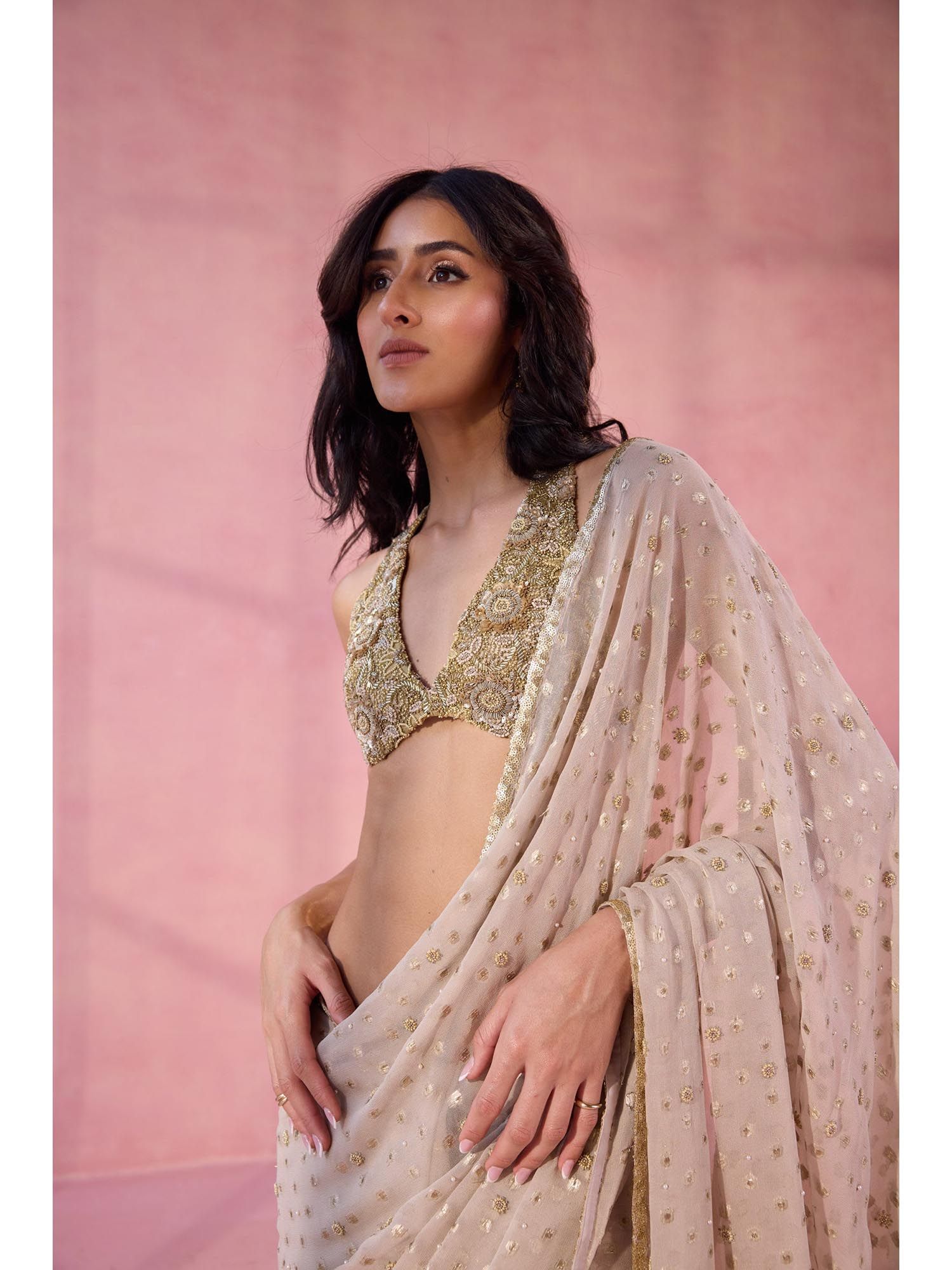 Gold She'S Here Embellished Stitched Blouse