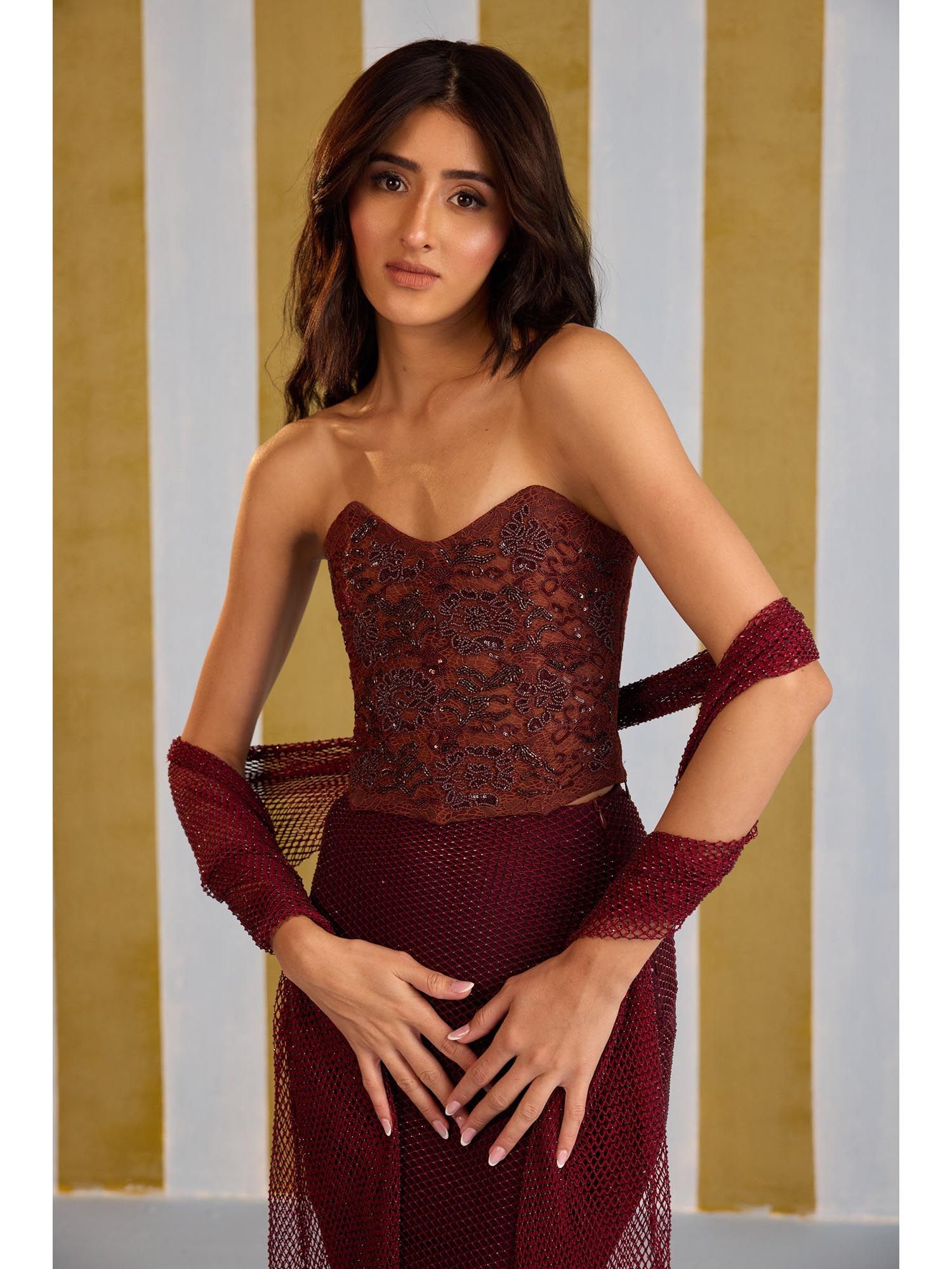 Burgundy Spiced Plum Beads And Stones Stitched Corset