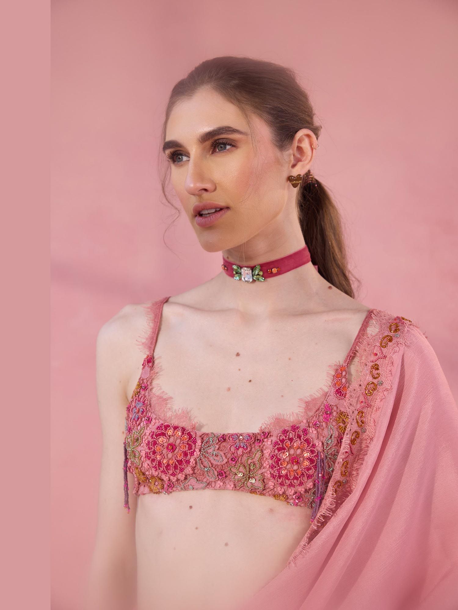 Pink Sundown Somewhere Beads And Stones Stitched Blouse
