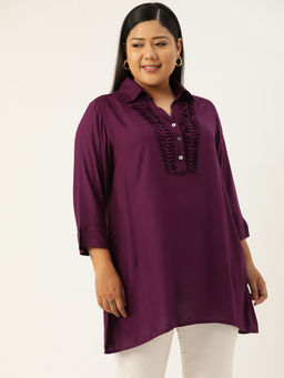 theRebelinme - Plus Size Womens Plum Solid Colour Shirt Collar Tunic Top