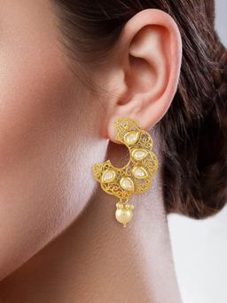Accessher - Gold Plated Hoop Style Dangle Drop with Kundan and Pearl Earrings for Women