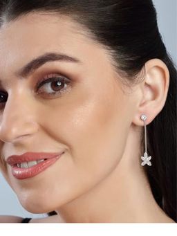 Accessher - Silver Plated AD Studded Minimal Floral Design Drop Earring for Women