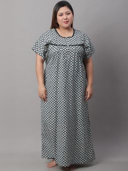 Secret Wish - Women's Navy Blue and White Batik Print Plus Size Nighty