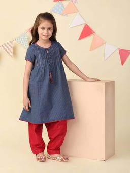 Fabindia - Navy Blue Cotton Blend Kurta and Salwar