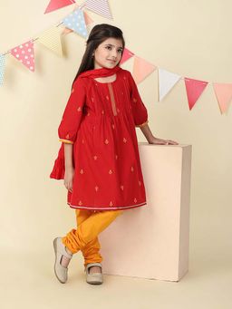 Fabindia - Red Cotton Kurta and Churidar with Dupatta