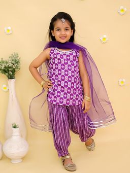 Junitos - Cotton Sleeveless Printed Kurti and Salwar With Dupatta - Purple