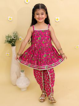Junitos - Cotton Sleeveless Floral Printed Kurti and Dhoti- Pink
