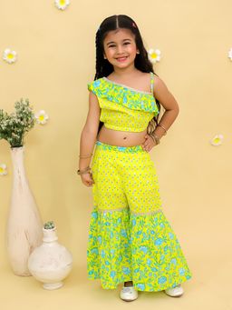 Junitos - Cotton One Shoulder Floral Printed Top with Sharara - Lemon Green