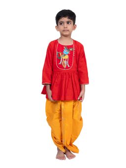 TWISHA - Cotton Krishna Printed Kurta With Dhoti - Red and Yellow