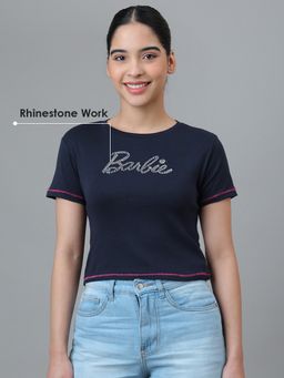 Free Authority - Navy Blue Official Barbie Rhinestones Printed Slim Fit Crop T-Shirt