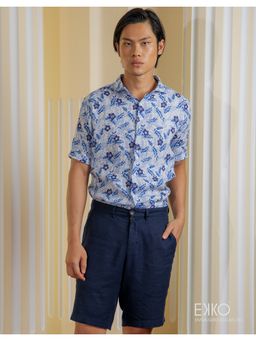 EKKO - Navy Blue Linen Blend Slim Fit Casual Shorts