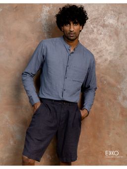 EKKO - Blue Linen Blend Slim Fit Casual Shorts