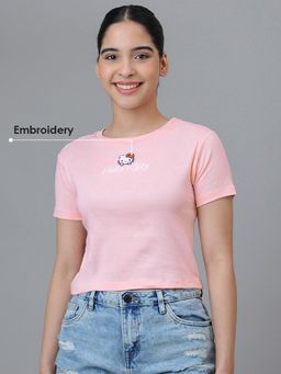 Free Authority - Peach Official Hello Kitty Embroidery Printed Slim Fit Crop T-Shirt