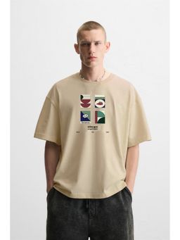 MISCHIEF MONKEY - Beige Graphic Printed T-Shirt