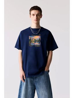 MISCHIEF MONKEY - Navy Blue Graphic Printed T-Shirt