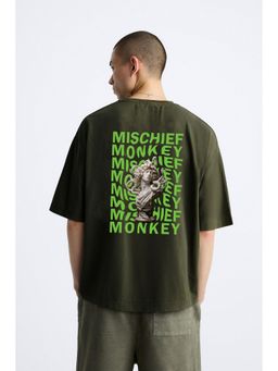 MISCHIEF MONKEY - Olive Graphic Printed T-Shirt