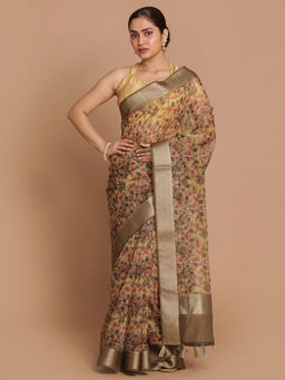 Indethnic - Banarasi Olive Printed Party Wear Saree With Unstitched Blouse