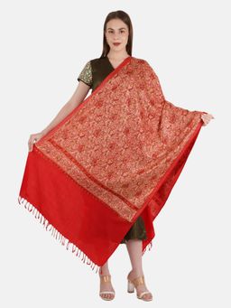 MUFFLY - Silky Pashmina Fine Wool Nalki Border Embroidered Needle Work Stole Red