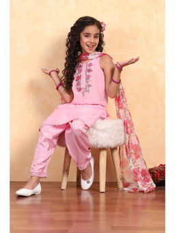 Biba - Girls Pink Polyester Round Neck Kurta and Salwar with Dupatta